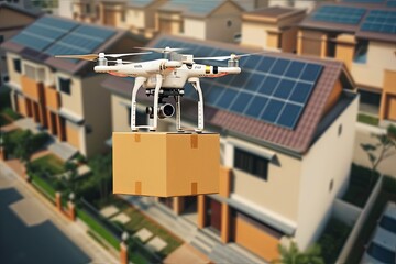 Drone shipping delivery innovations propeller efficiency, smart home automation. Inside arehouses factories, electronic navigation. Automated processes cyber security modern logistics parcel trade.