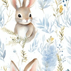 Watercolor Painting of Rabbit and Flowers