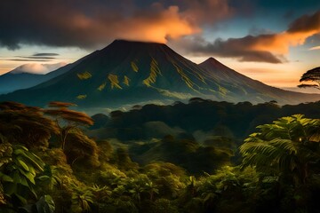 Volcan Arenal dominates the landscape during sunset, as seen from the Monteverde area, Costa Rica.