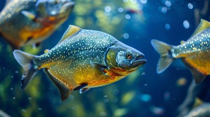 Piranha fishes in a blue aquarium close up