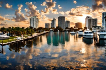 Town of Hollywood waterfront panoramic view, Florida - obrazy, fototapety, plakaty