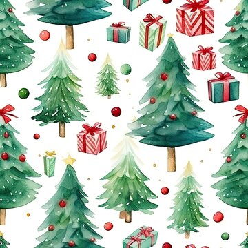 Watercolor Christmas Trees and Presents on White Background