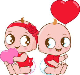 Happy Valentine day celebration babies, a girl and a boy. Cute baby toddlers, a baby girl and a baby boy with red heart balloon. Vector illustration