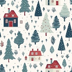 Pattern of Houses and Trees on White Background