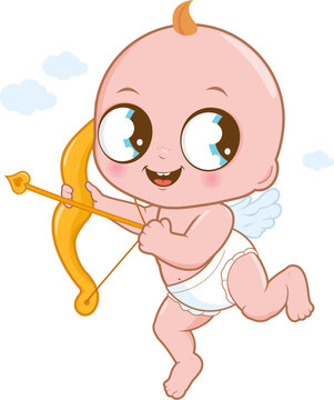 Valentine cupid shooting an arrow. Cute cupid baby boy with a bow and arrow. Valentine day baby cupid angel with wings and bow and arrow. Vector illustration