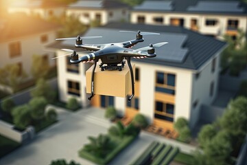 Package drone delivery, autonomously unsurveillance. Aviators steer cardboard devices, business shipping. Horizontal flight capabilities, electronic navigation, trade efficient and flying deliveries.