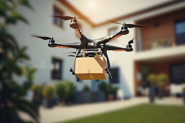 Fototapeta na wymiar Package drone delivery, autonomously unsurveillance. Aviators steer cardboard devices, business shipping. Horizontal flight capabilities, electronic navigation, trade efficient and flying deliveries.