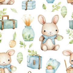 Watercolor Pattern With Bunny and Suitcases