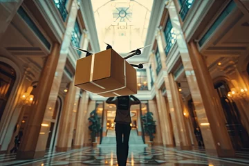 Fototapeten Package drone delivery, autonomously unsurveillance. Aviators steer cardboard devices, business shipping. Horizontal flight capabilities, electronic navigation, trade efficient and flying deliveries. © Leo