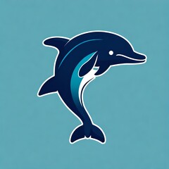 A sleek flat vector logo of a playful dolphin, rendered in lively hues, set against a solid navy background, exuding simplicity and elegance. Isolated on navy solid background.