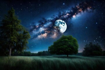 Beautiful night sky, the Milky Way, moon and the trees. Elements of this image furnished