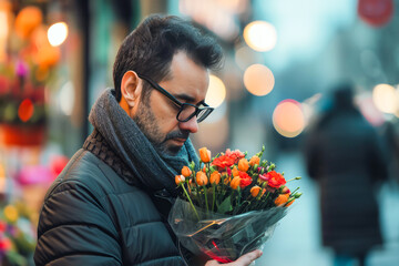 Reflective Moments: Man with Bouquet on Valentine's Quest