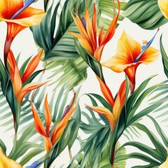 Watercolor Painting of Tropical Flowers and Leaves