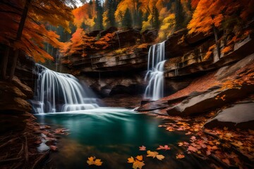 Image of Cascading falls drop off cliff edge into body of water during colorful peak fall