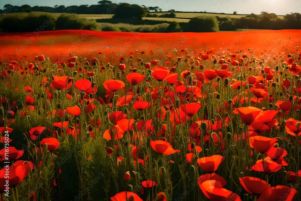 Wall mural Field of poppies selective focus. Nature summer wild flowers. Vivid red flower poppies plant - Wall murals