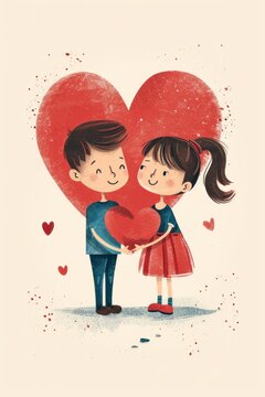 A charming image of a boy and girl, smiling while holding a red heart.