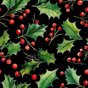 Painting of Holly Leaves and Berries on Black Background