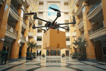 Fototapeta na wymiar Cardboard boxes, fabrication, unit employing smart UAV parcel delivery drone helicopter technology emerges. Unsupervised service revolutionizes industry, efficient packaging and delivery solutions.