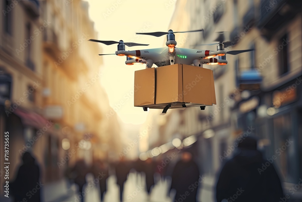 Canvas Prints Cardboard boxes, fabrication, unit employing smart UAV parcel delivery drone helicopter technology emerges. Unsupervised service revolutionizes industry, efficient packaging and delivery solutions.