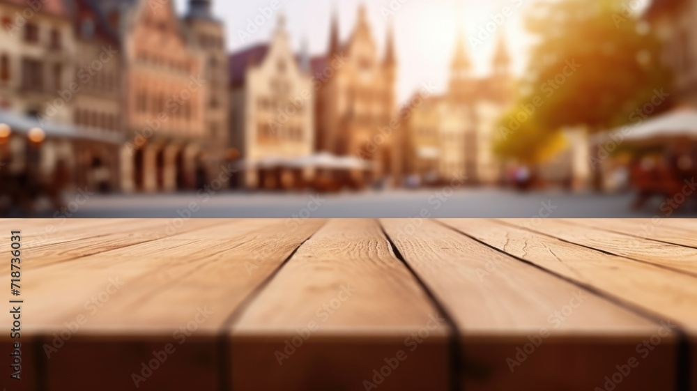 Poster the empty wooden table top with blur background of town square. exuberant image. generative ai