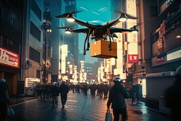 Cardboard boxes, fabrication, unit employing smart UAV parcel delivery drone helicopter technology emerges. Unsupervised service revolutionizes industry, efficient packaging and delivery solutions.