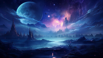 Obraz premium Fantasy landscape with stony planet and moon. 3d rendering