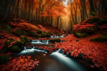 Stream in autumn forest. Forest landscape. Wood with red leaves. Fall nature.