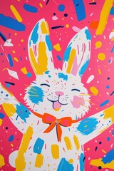 Fototapeta premium Birthday balloons surround an adorable bunny.