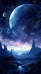 Fantasy landscape with moon in the night sky and temples - illustration