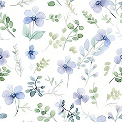 Seamless Pattern With Blue Flowers and Green Leaves on White Background