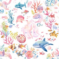 Watercolor Painting of Various Sea Animals