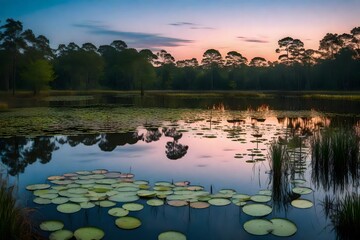 The sky at dusk reflects pastel colors on the tranquil water's surface. Lilly pads float on this wetland landscape. Trees fill the background