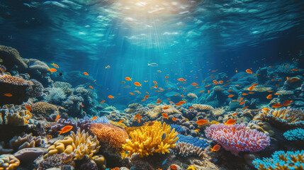 Naklejka premium Underwater scene with colorful coral reefs filled with beautiful sea fish. Capture the essence of tropical marine life and scuba diving.