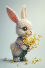 Sweet rabbit with a basket of fresh spring flowers