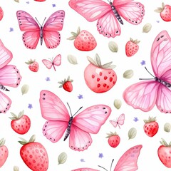 Pink Butterflies and Strawberries Seamless Pattern on White Background