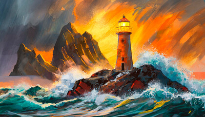 Isolated iron lighthouse shining in the sea at night stands on a rocky stone island, huge ocean waves crash on the shore, smoky orange clouds float across the sky