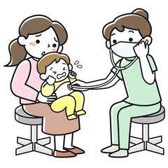 母親の膝に抱かれた赤ちゃんを診察する医師