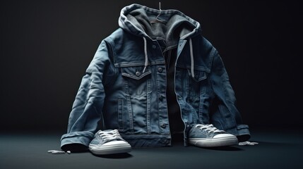 Causal clothing denim jacket and shoes. Generative AI - obrazy, fototapety, plakaty