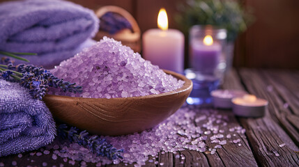 Purple bath salt with lavender towel and candles - obrazy, fototapety, plakaty