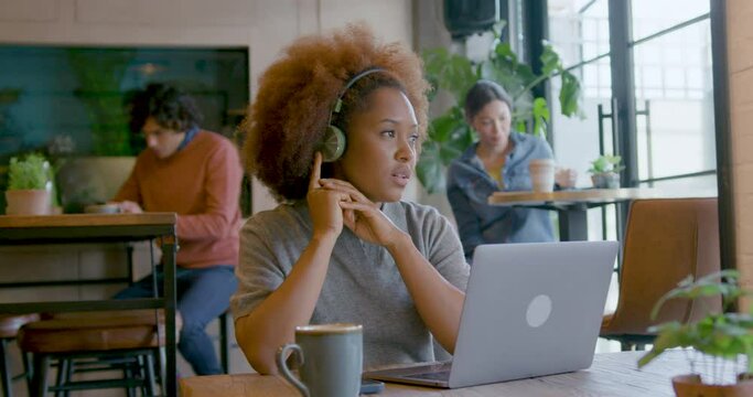Female Entrepreneur Video call on Laptop in Cafe
