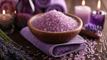 Obraz na płótnie Canvas Purple bath salt with lavender towel and candles