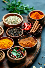Various Indian spices on the table. Selective focus.