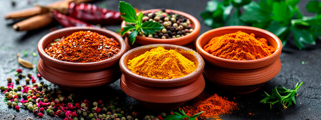 Various Indian spices on the table. Selective focus.