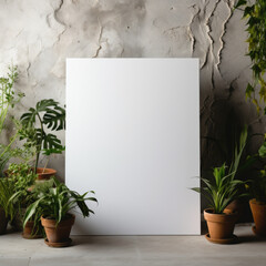 Minimalist Canvas Mockup: Blank Screen on Concrete Surface with Greenery Accents