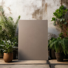 Minimalist Canvas Mockup: Blank Screen on Concrete Surface with Greenery Accents