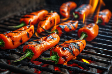 Grilled orange bell peppers on fire