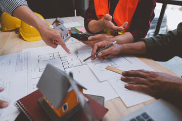 Architects, engineers, designers teams work on concept, planning, blueprints, brainstorming,...