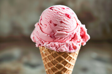 Strawberry ice cream scoop in cone