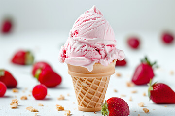 Strawberry ice cream cone melting