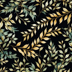 Seamless Pattern of Yellow and Green Leaves on Black Background